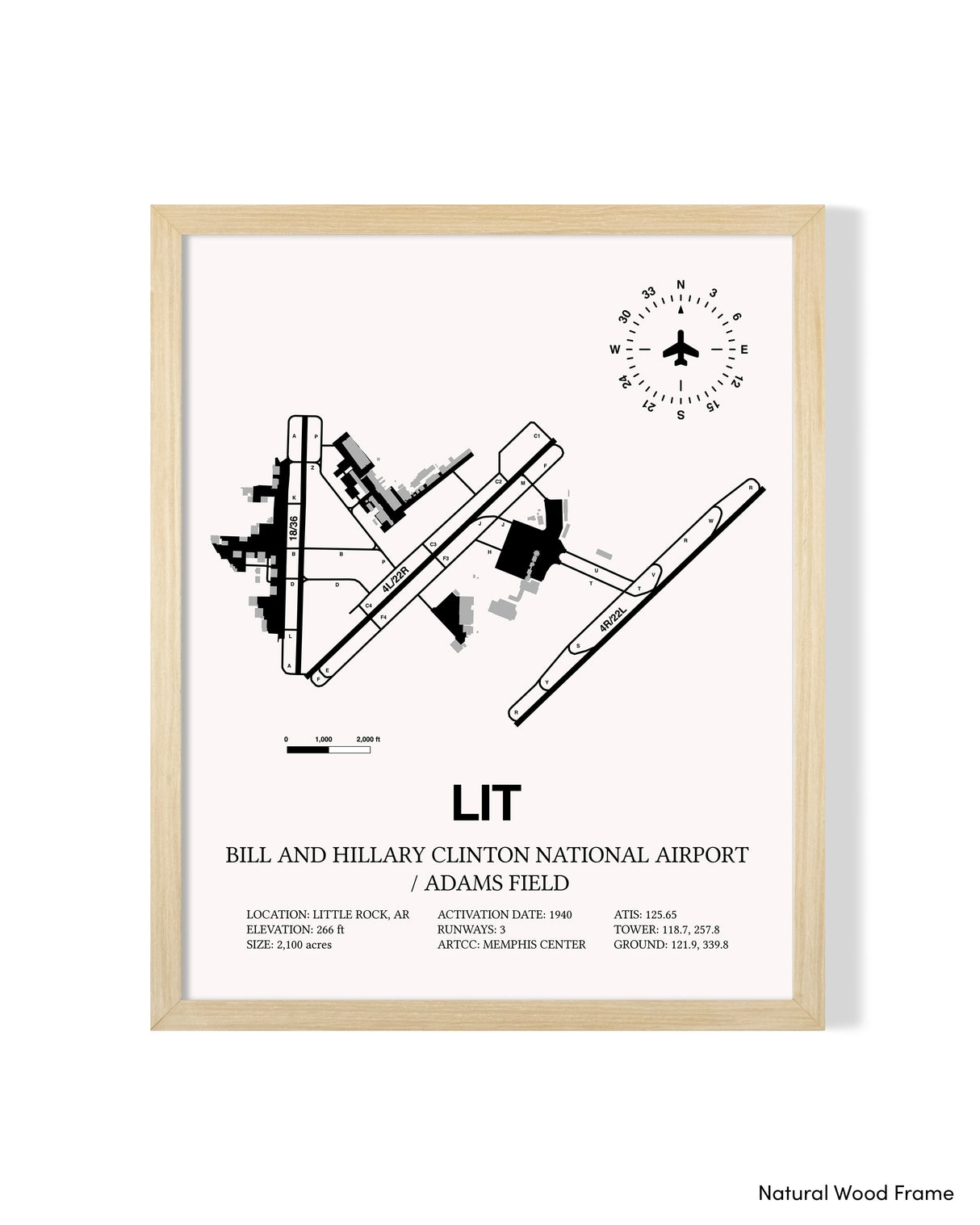 Detailed Airport Map of Bill & Hillary Clinton National Airport/Adams Field (LIT) in White with a Natural Frame