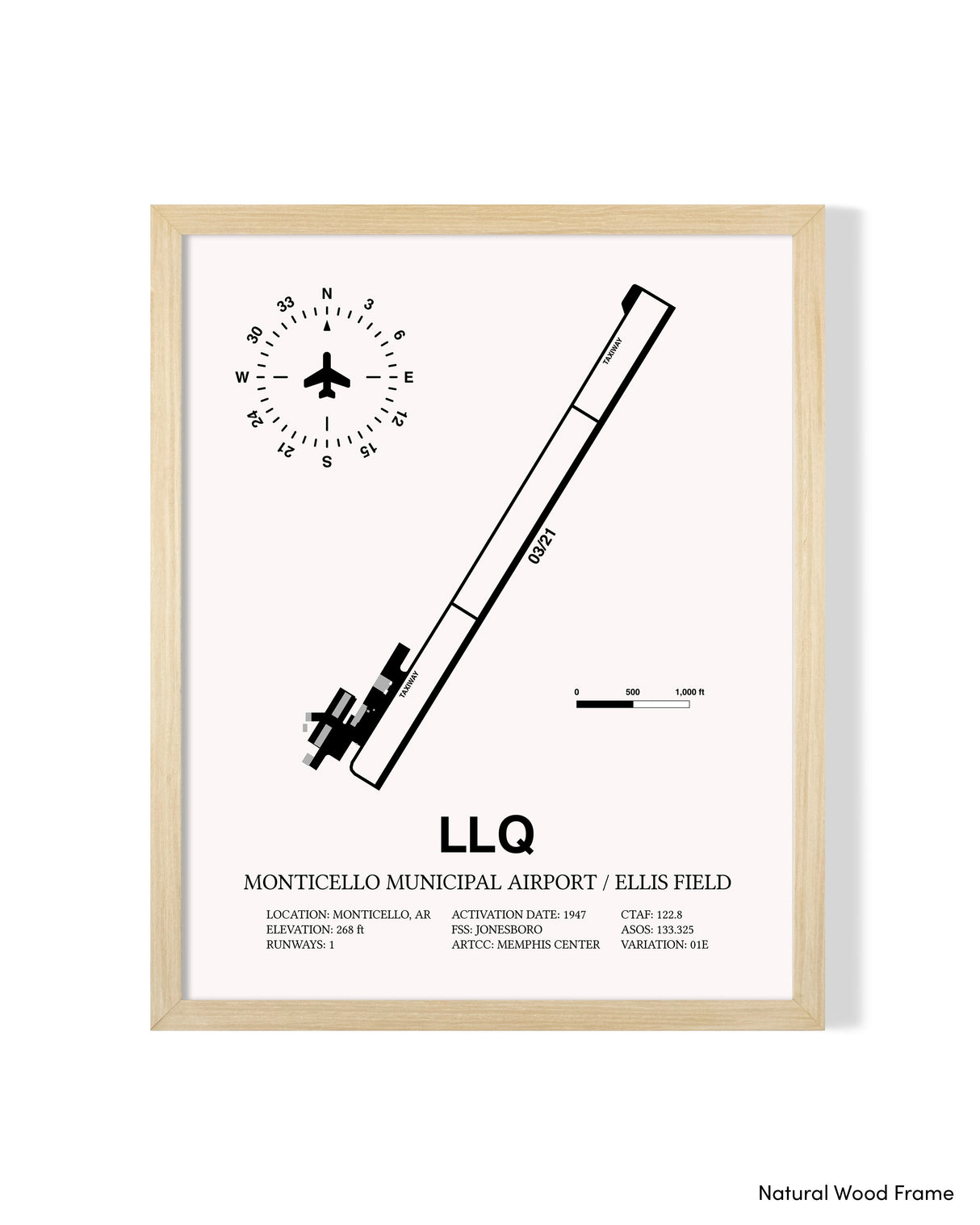 Detailed Airport Map of Monticello Municipal Airport / Ellis Field (LLQ) in White with a Natural Frame