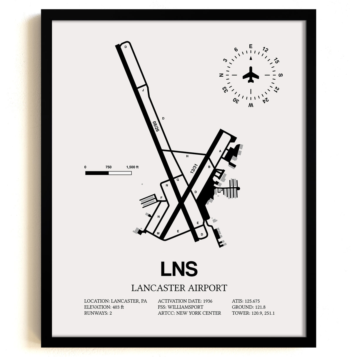 Framed Detailed Airport Map of Lancaster Airport (LNS) in White with a Black Frame