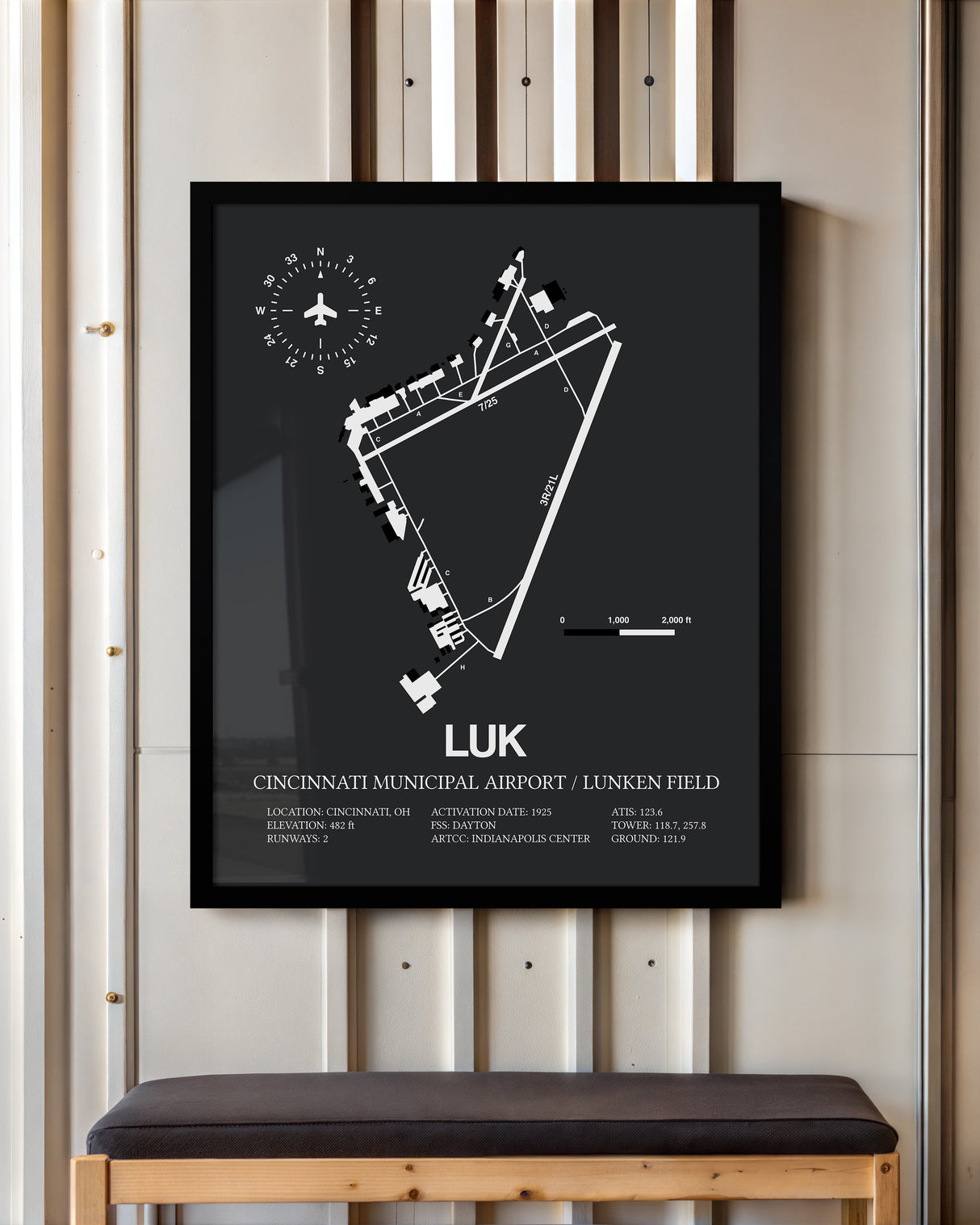 Framed Detailed Airport Map of Cincinnati Municipal Airport Lunken Field (LUK) in Gray with a Black Frame