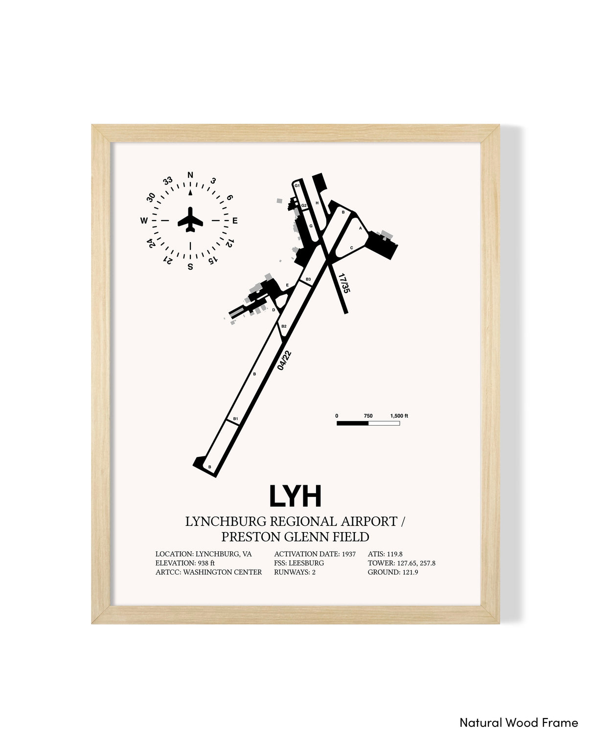 Detailed Airport Map of Lynchburg Regional Airport/Preston Glenn Field (LYH) in White with a Natural Frame