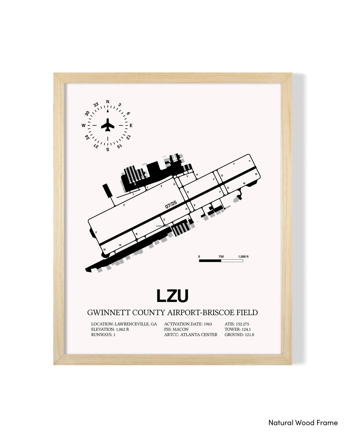 Detailed Airport Map of Gwinnett County Airport-Briscoe Field (LZU) in White with a Natural Frame