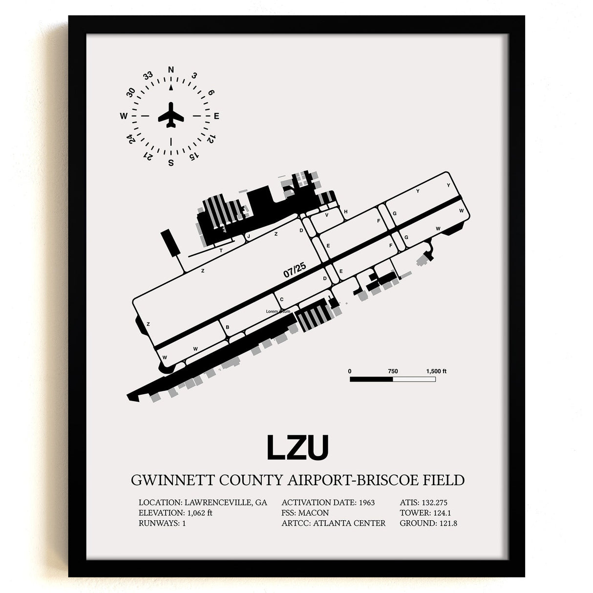 Framed Detailed Airport Map of Gwinnett County Airport-Briscoe Field (LZU) in White with a Black Frame