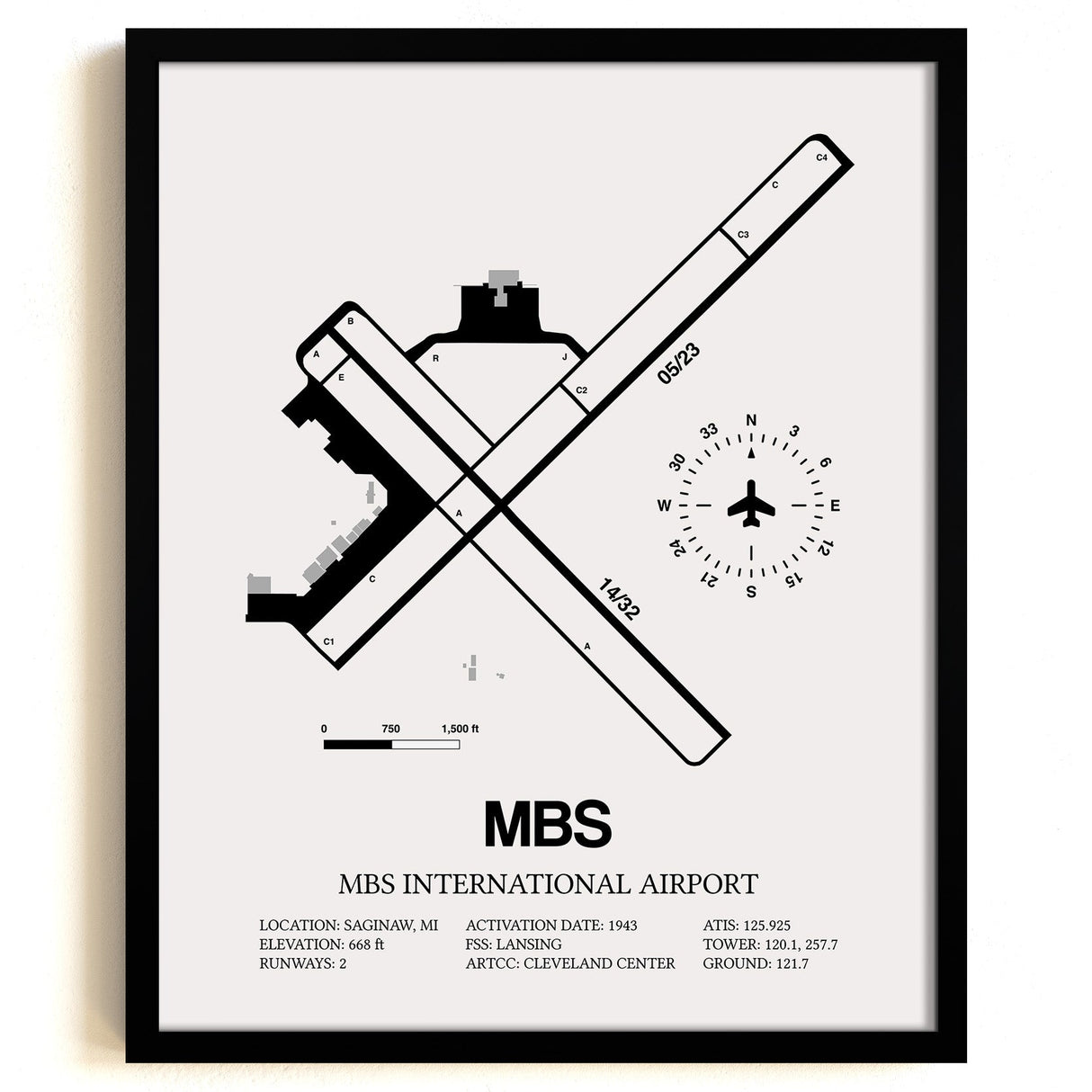 Framed Detailed Airport Map of MBS International Airport (MBS) in White with a Black Frame