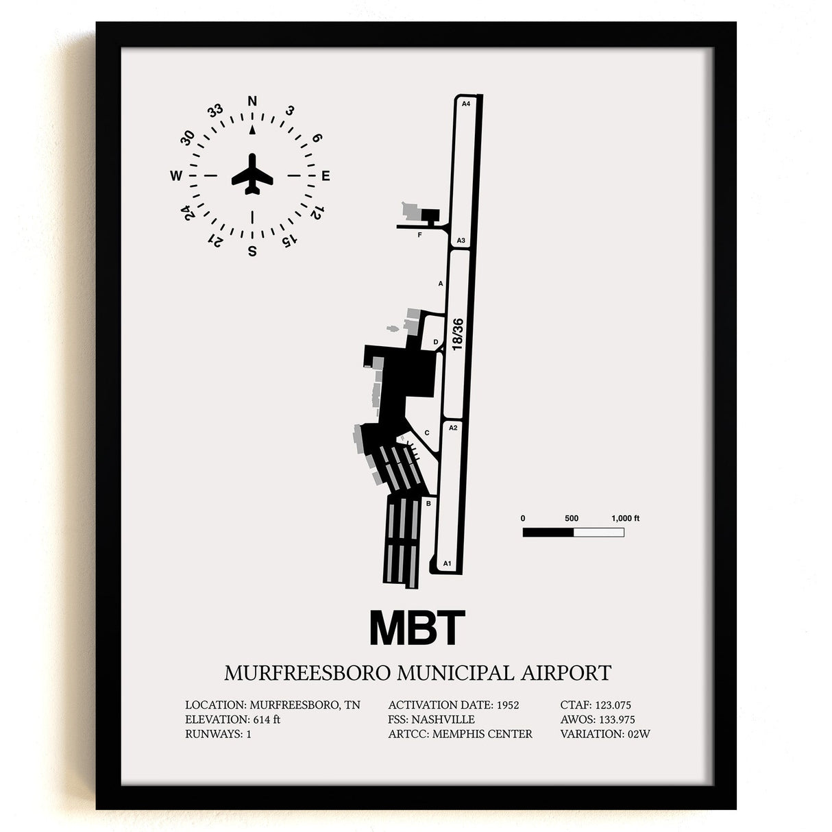 Framed Detailed Airport Map of Murfreesboro Municipal Airport (MBT) in White with a Black Frame