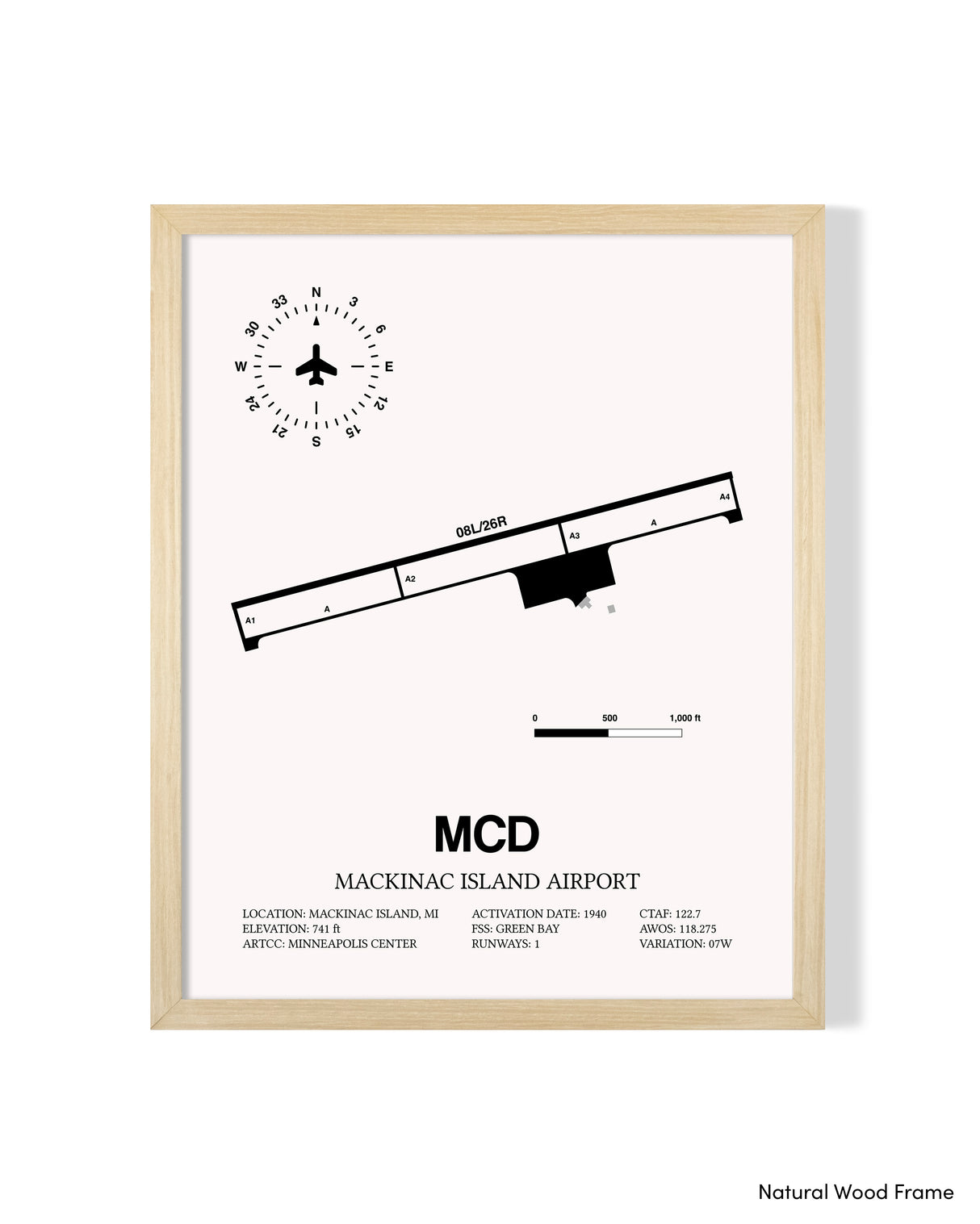 Detailed Airport Map of Mackinac Island Airport (MCD) in White with a Natural Frame