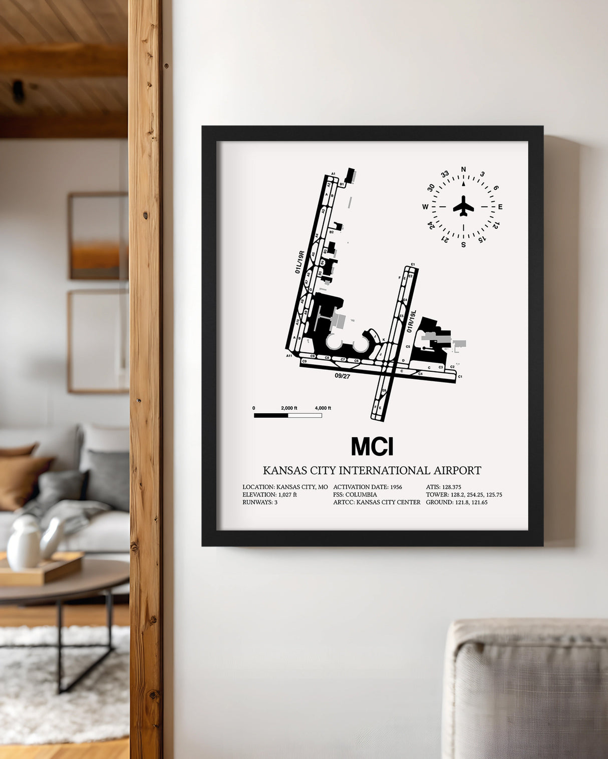 Framed Detailed Airport Map of Kansas City International Airport (MCI) in White with a Black Frame