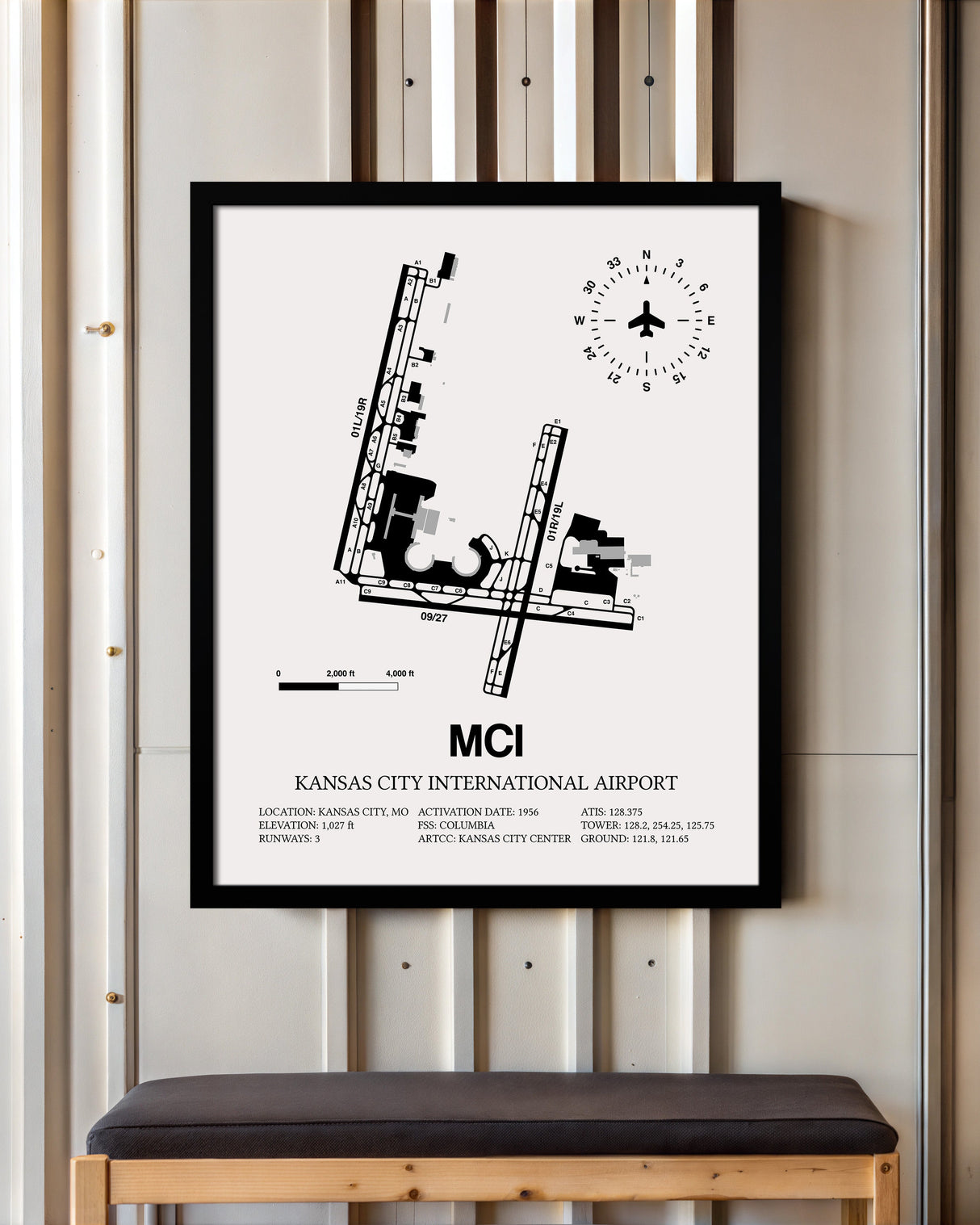 Framed Detailed Airport Map of Kansas City International Airport (MCI) in White with a Black Frame