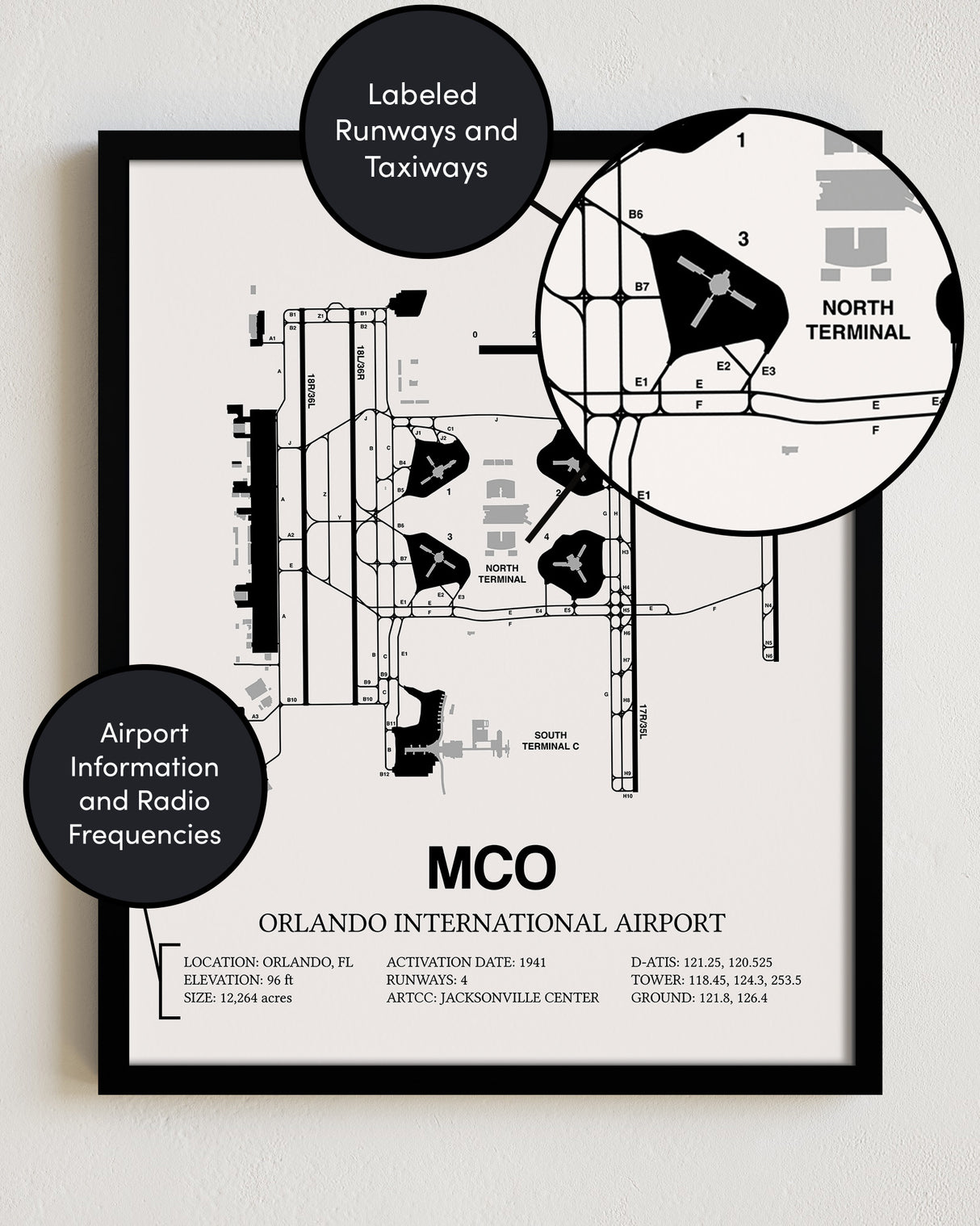 Framed Detailed Airport Map of Orlando International Airport (MCO) in White with a Black Frame