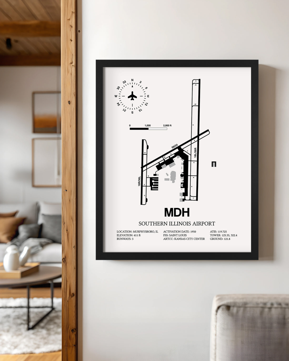 Framed Detailed Airport Map of Southern Illinois Airport (MDH) in White with a Black Frame