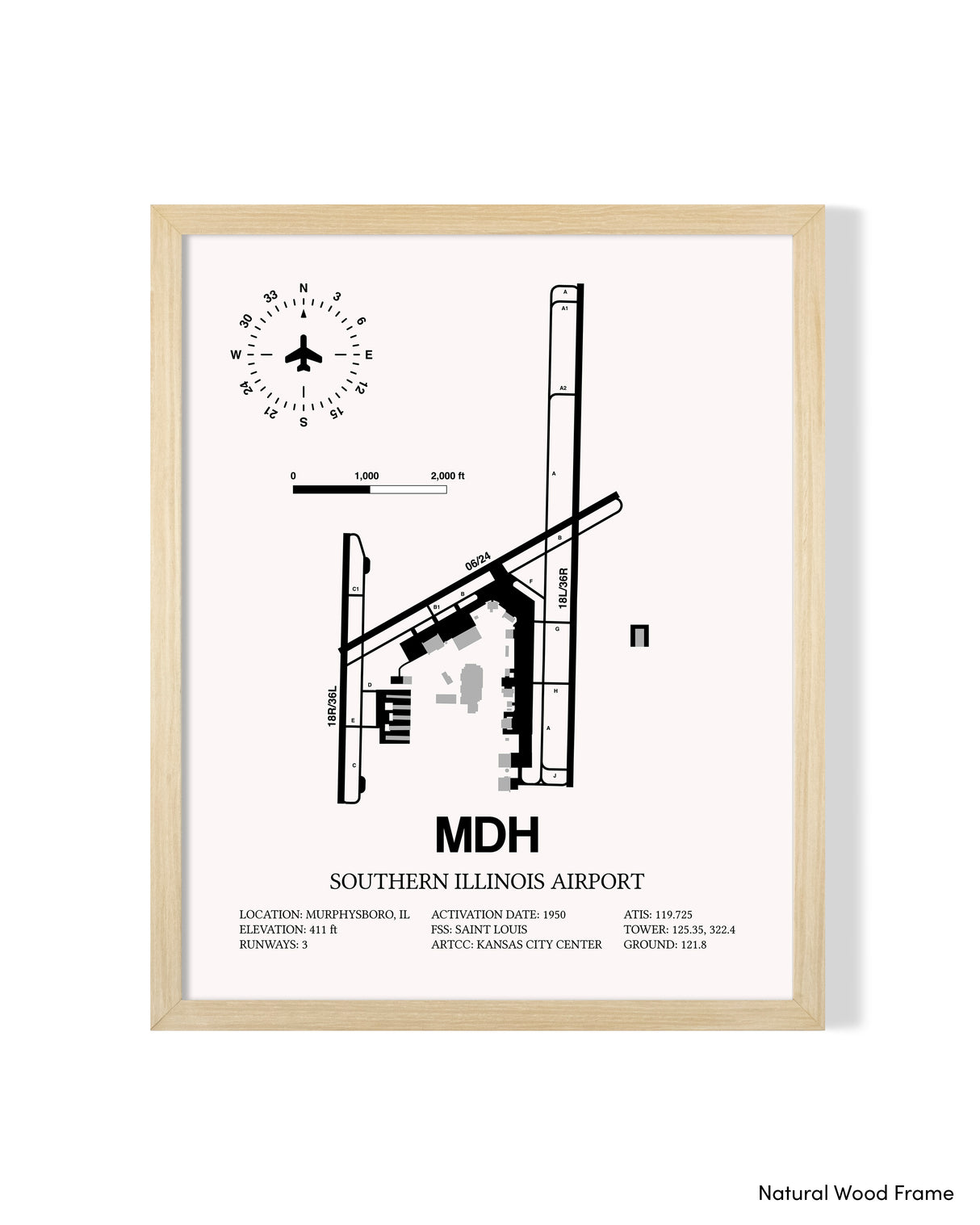 Detailed Airport Map of Southern Illinois Airport (MDH) in White with a Natural Frame