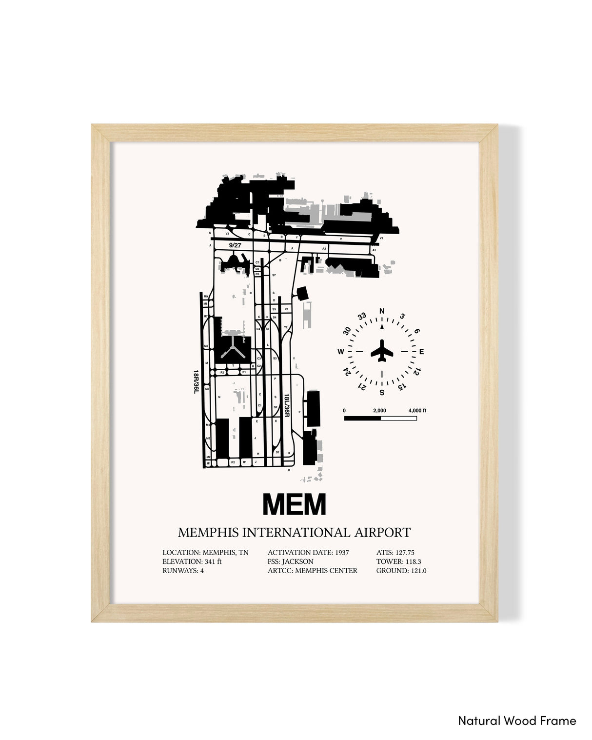 Detailed Airport Map of Memphis International Airport (MEM) in White with a Natural Frame