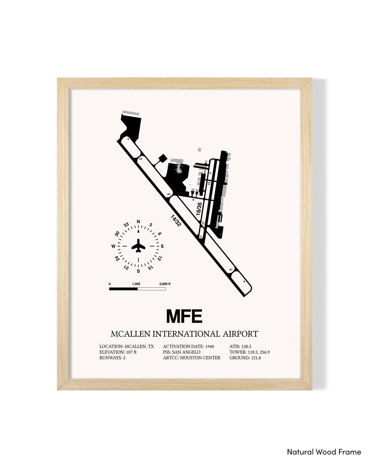 Detailed Airport Map of McAllen International Airport (MFE) in White with a Natural Frame