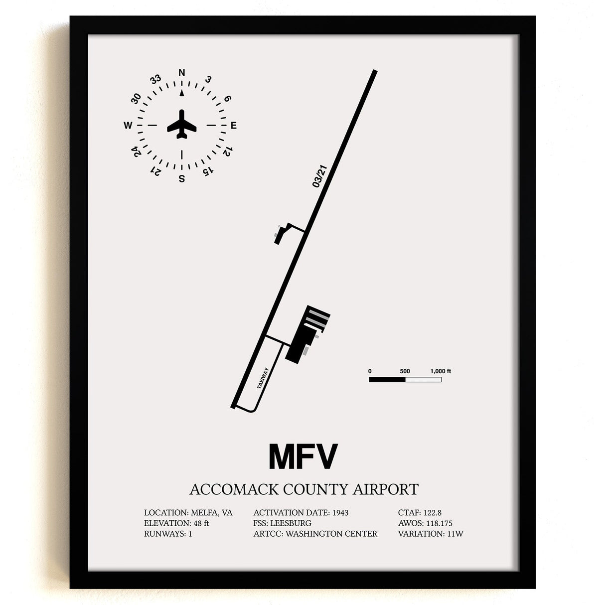 Framed Detailed Airport Map of Accomack County Airport (MFV) in White with a Black Frame