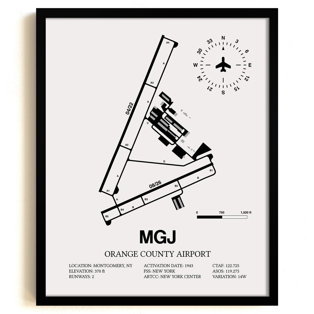 Framed Detailed Airport Map of Orange County Airport (MGJ) in White with a Black Frame