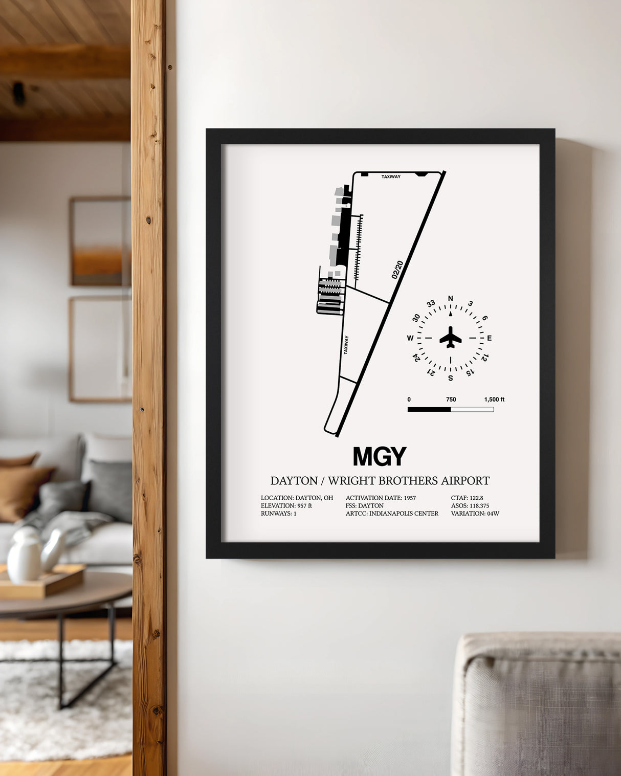 Framed Detailed Airport Map of Dayton / Wright Brothers Airport (MGY) in White with a Black Frame
