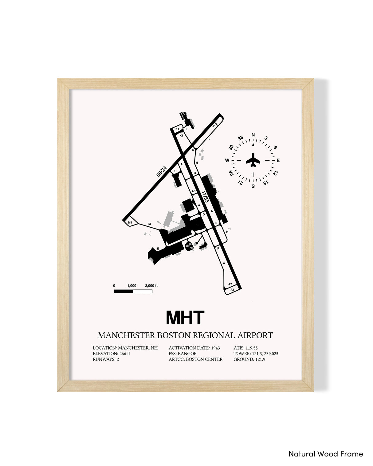 Detailed Airport Map of Manchester Boston Regional Airport (MHT) in White with a Natural Frame