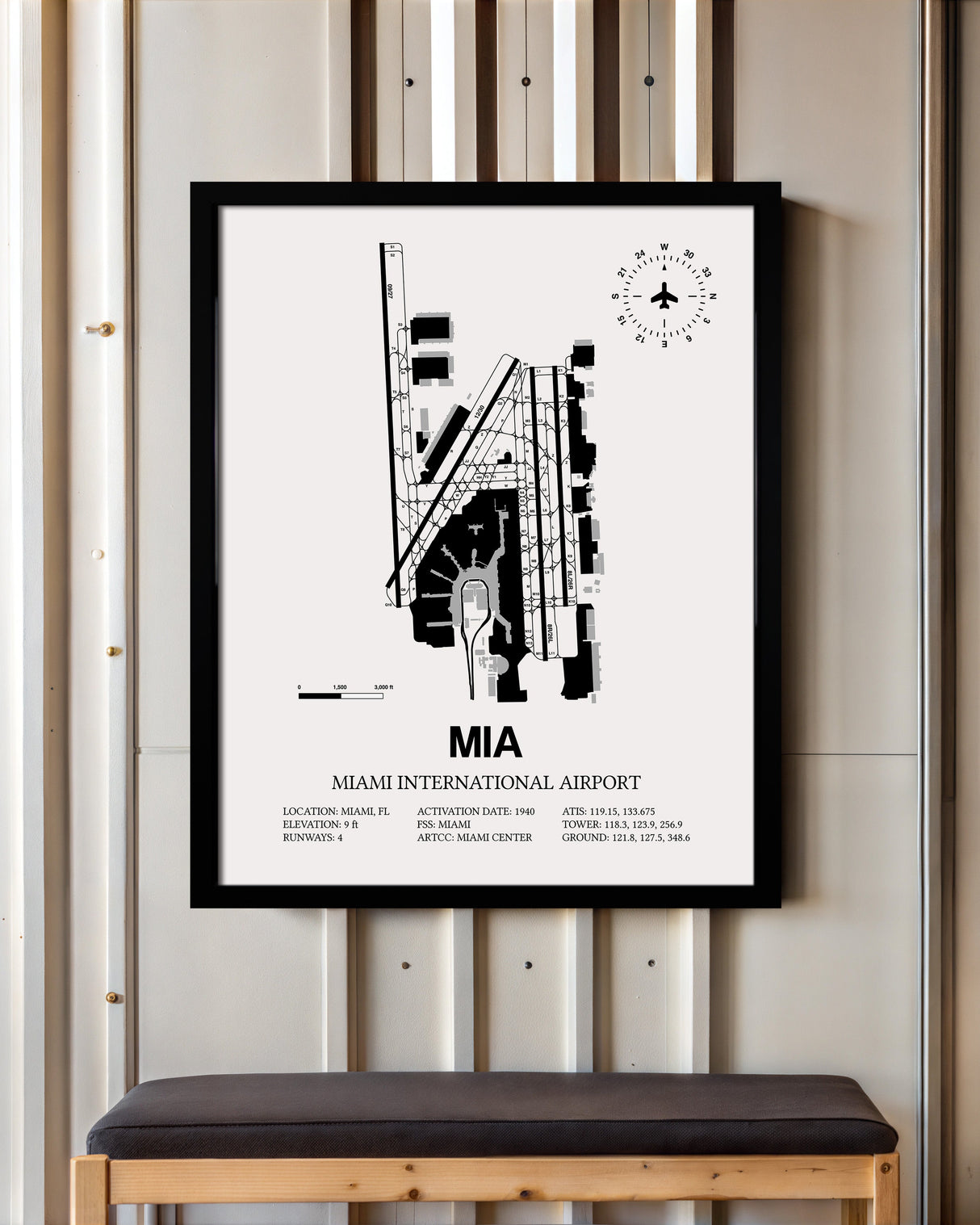 Framed Detailed Airport Map of Miami International Airport (MIA) in White with a Black Frame