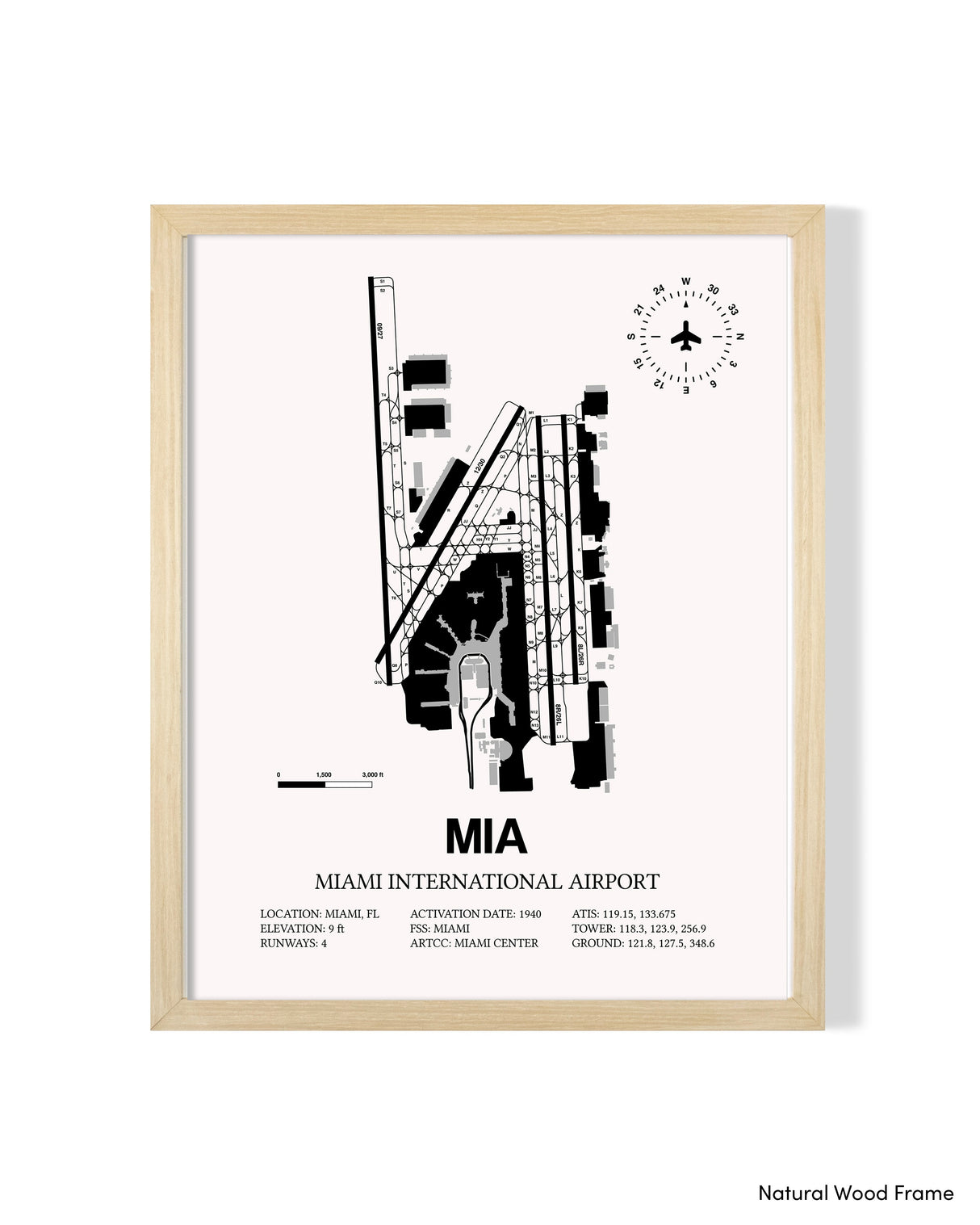Detailed Airport Map of Miami International Airport (MIA) in White with a Natural Frame