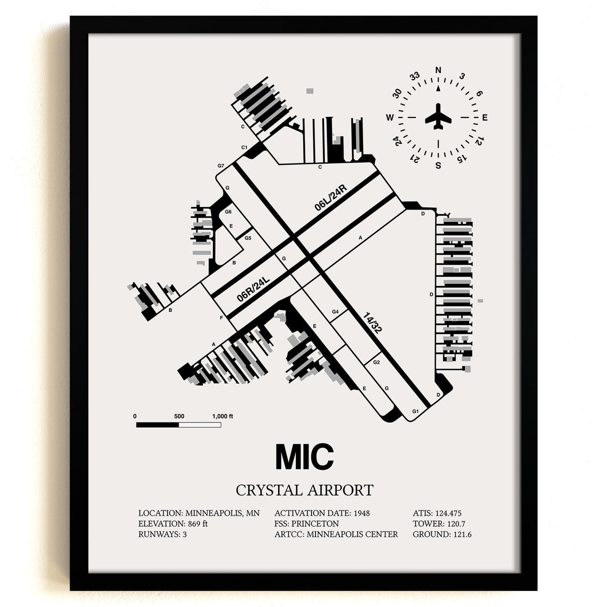 Framed Detailed Airport Map of Crystal Airport (MIC) in White with a Black Frame