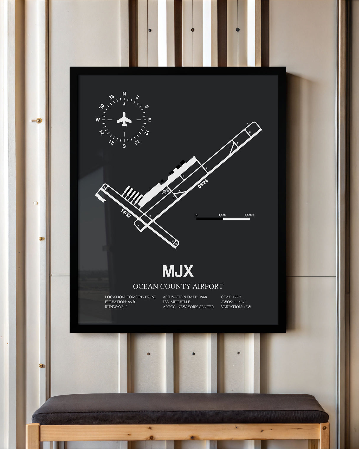 Framed Detailed Airport Map of Ocean County Airport (MJX) in Gray with a Black Frame