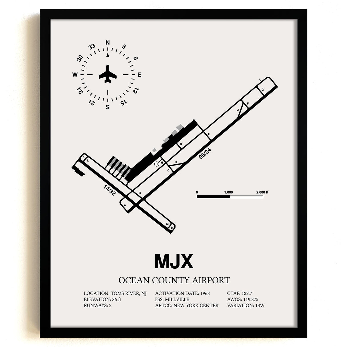 Framed Detailed Airport Map of Ocean County Airport (MJX) in White with a Black Frame