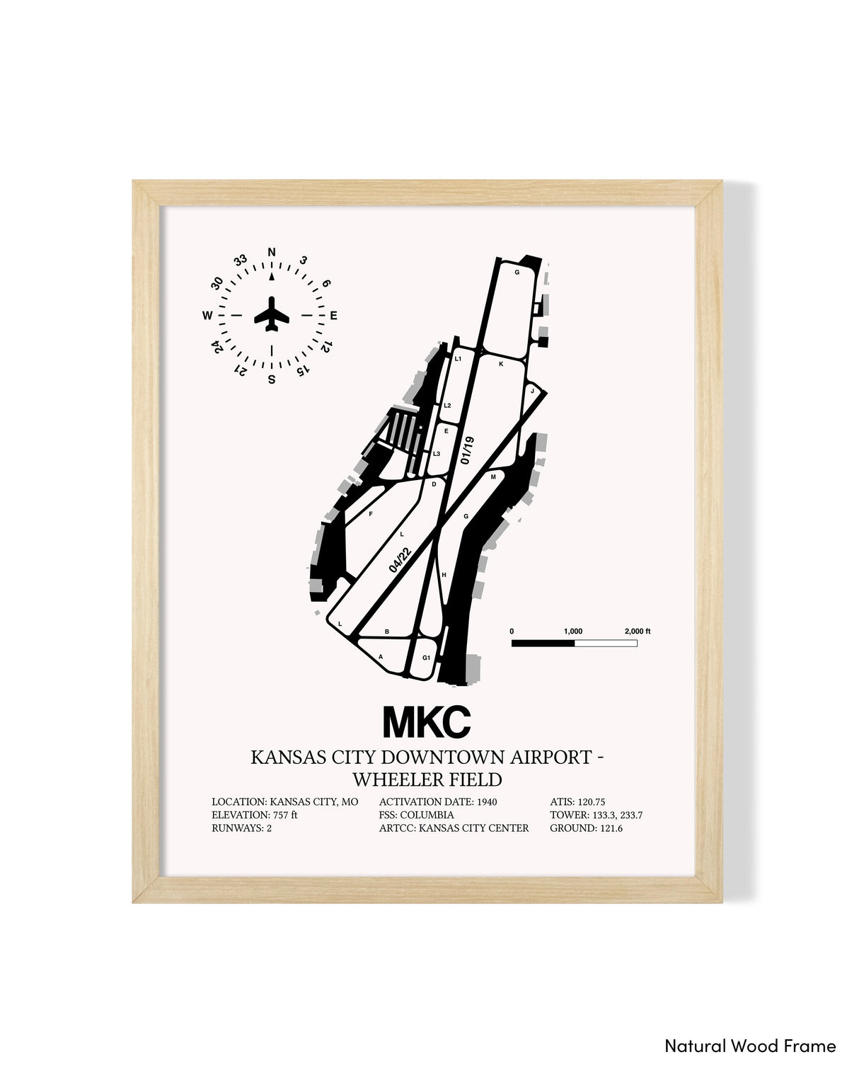 Detailed Airport Map of Kansas City Downtown Airport - Wheeler Field (MKC) in White with a Natural Frame