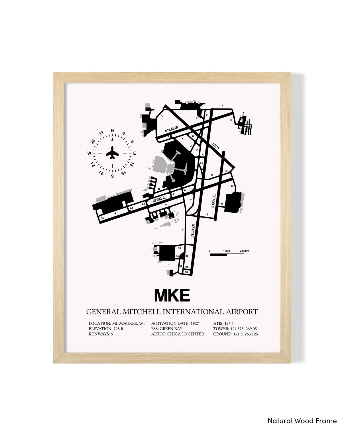 Detailed Airport Map of General Mitchell International Airport (MKE) in White with a Natural Frame