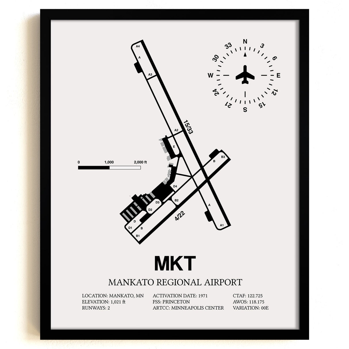 Framed Detailed Airport Map of Mankato Regional Airport (MKT) in White with a Black Frame