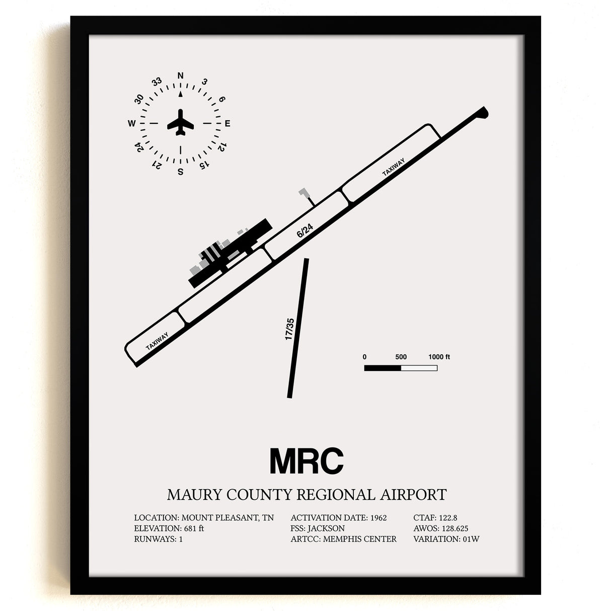 Framed Detailed Airport Map of Maury County Regional Airport (MRC) in White with a Black Frame
