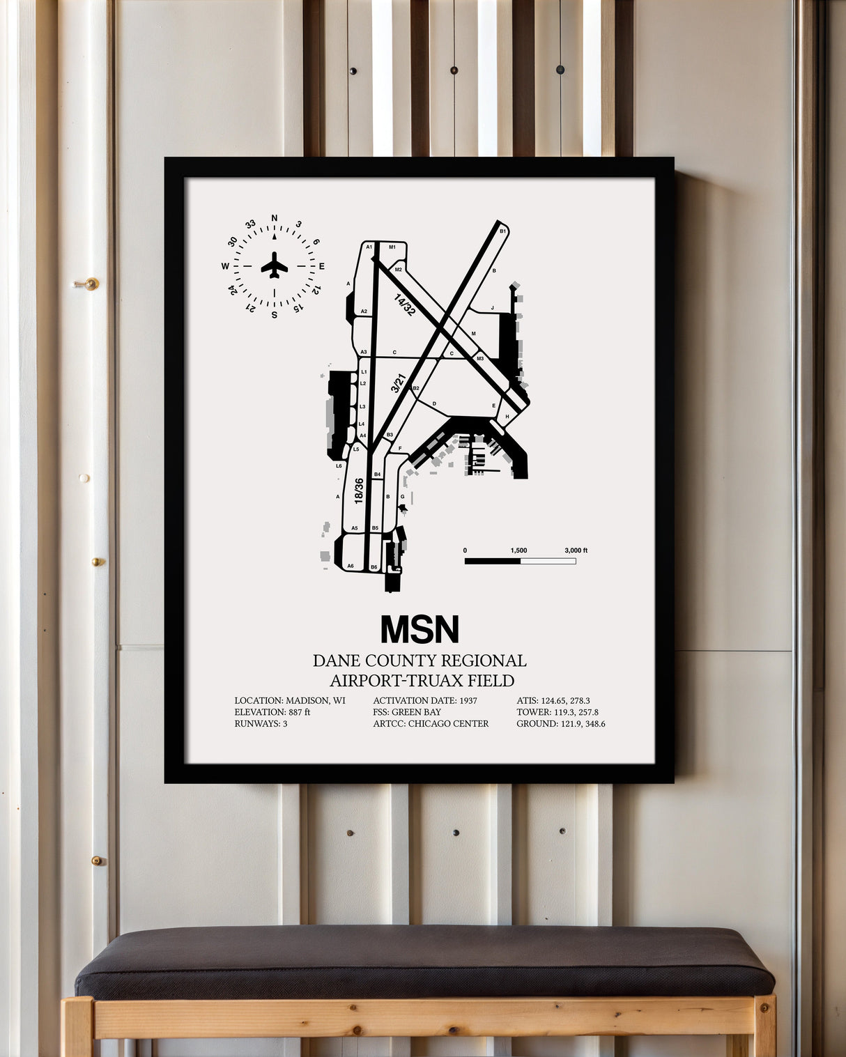 Framed Detailed Airport Map of Dane County Regional Airport-Truax Field (MSN) in White with a Black Frame