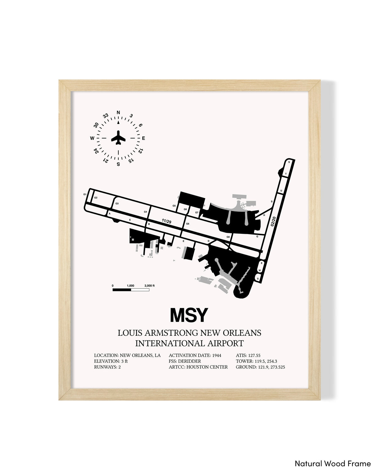 Detailed Airport Map of Louis Armstrong New Orleans International Airport (MSY) in White with a Natural Frame