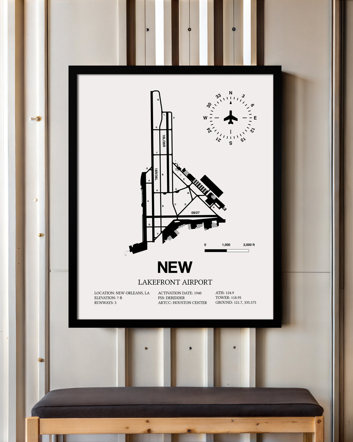 Framed Detailed Airport Map of Lakefront Airport (NEW) in White with a Black Frame