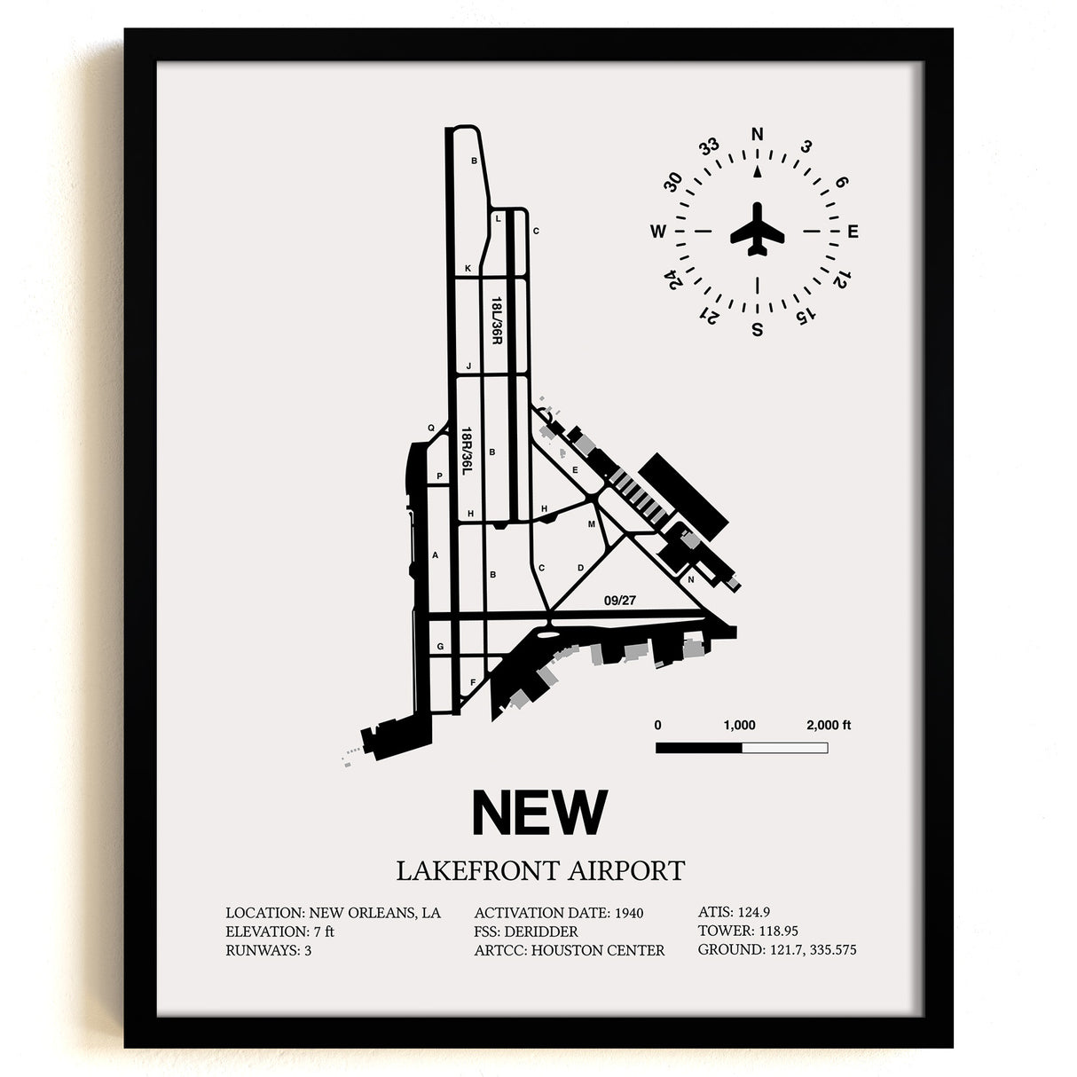 Framed Detailed Airport Map of Lakefront Airport (NEW) in White with a Black Frame