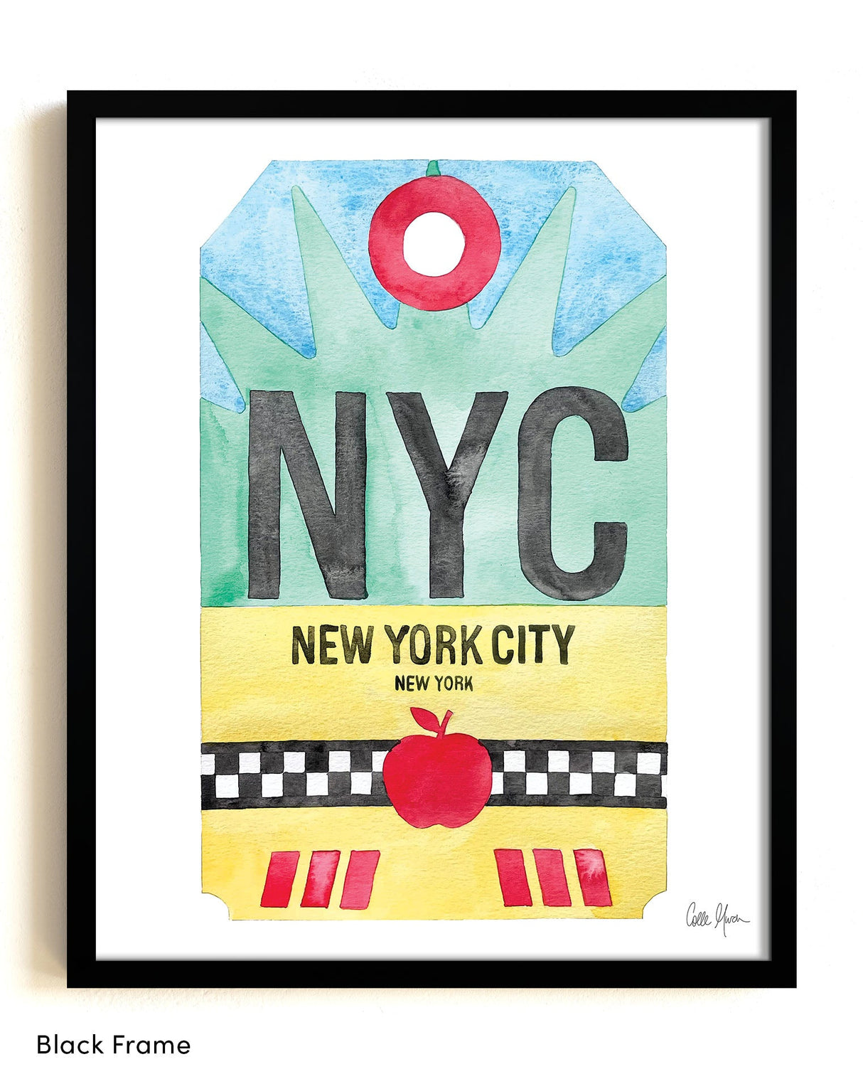Framed Watercolor Print of New York City (NYC) with a Black Frame