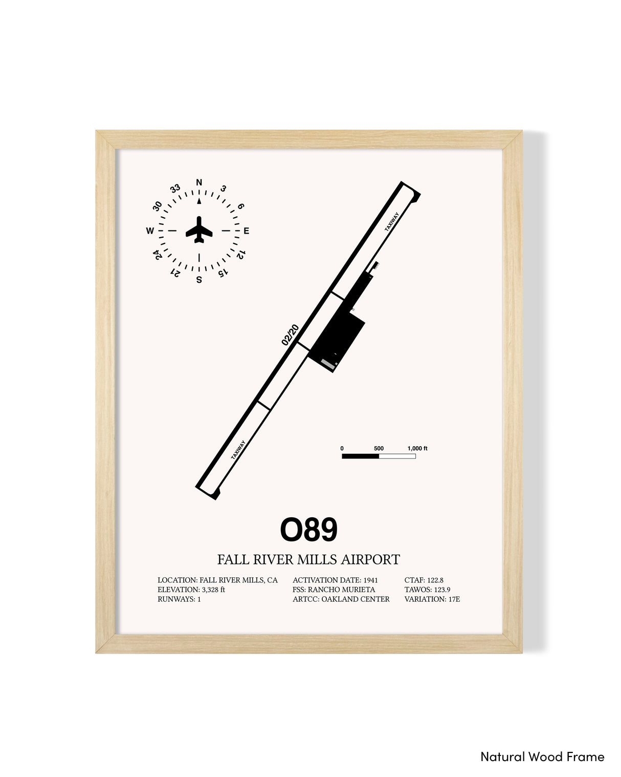 Detailed Airport Map of Fall River Mills Airport (O89) in White with a Natural Frame