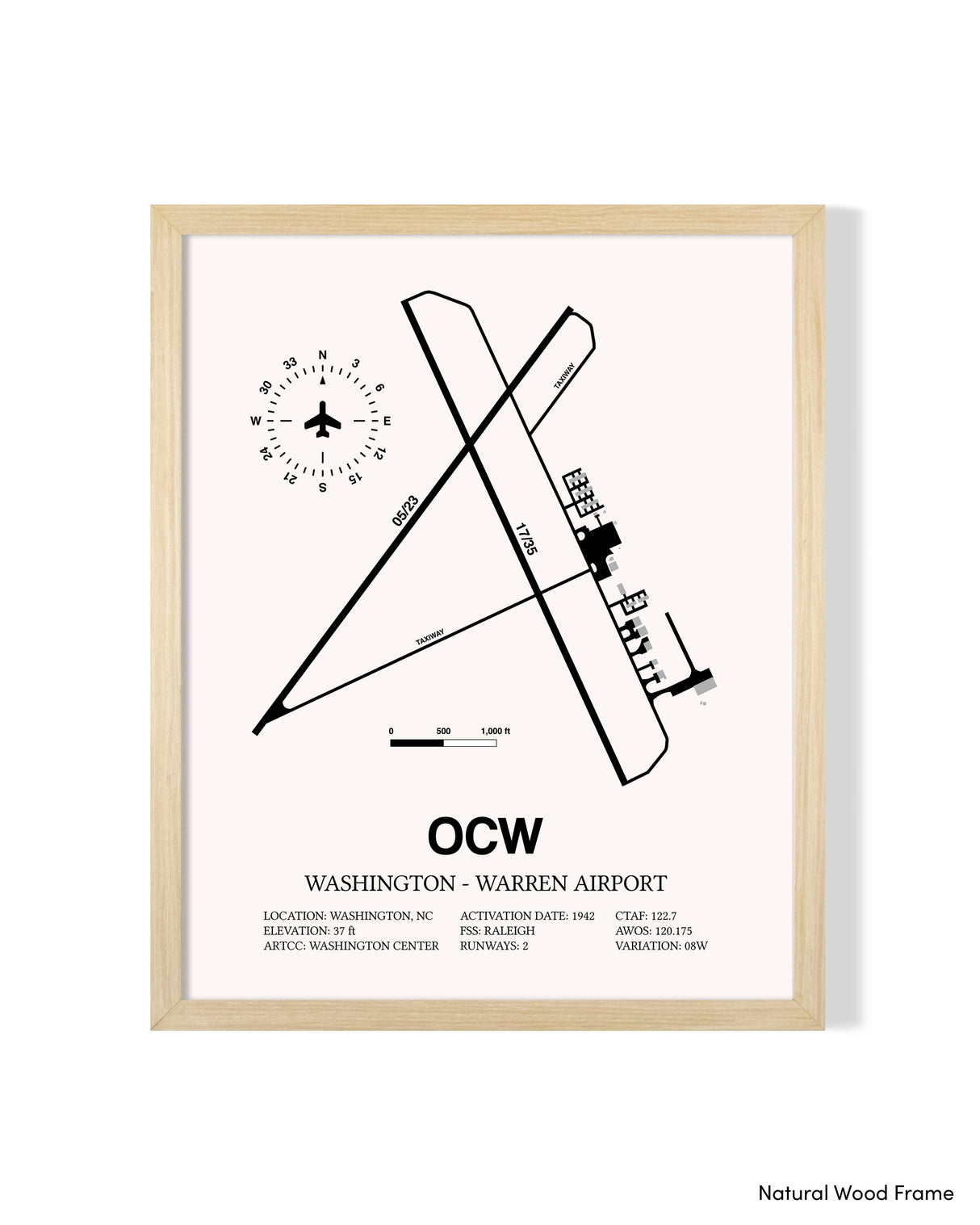 Detailed Airport Map of Washington - Warren Airport (OCW) in White with a Natural Frame