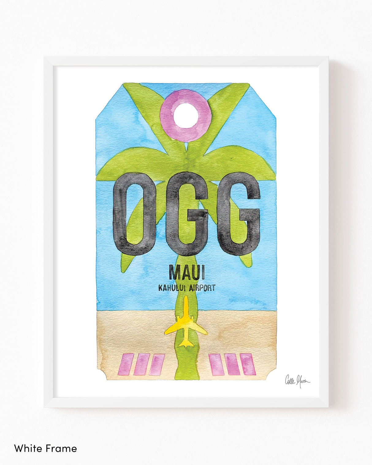 Framed Watercolor Print of Kahului Airport (OGG) with a White Frame