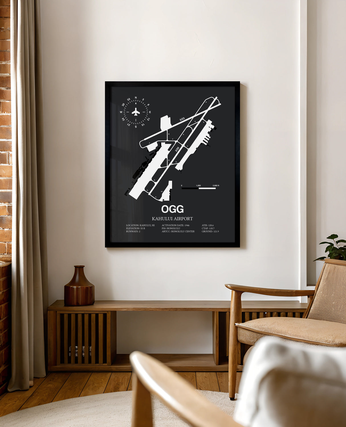Framed Detailed Airport Map of Kahului Airport (OGG) in Gray with a Black Frame