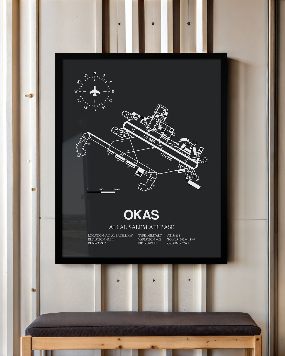 Framed Detailed Airport Map of Ali Al Salem Air Base (OKAS) in Gray with a Black Frame