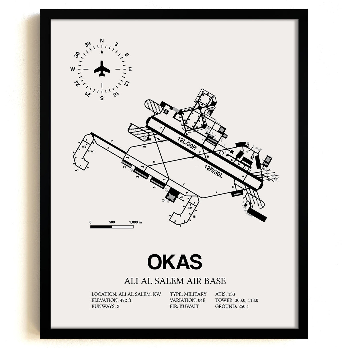 Framed Detailed Airport Map of Ali Al Salem Air Base (OKAS) in White with a Black Frame