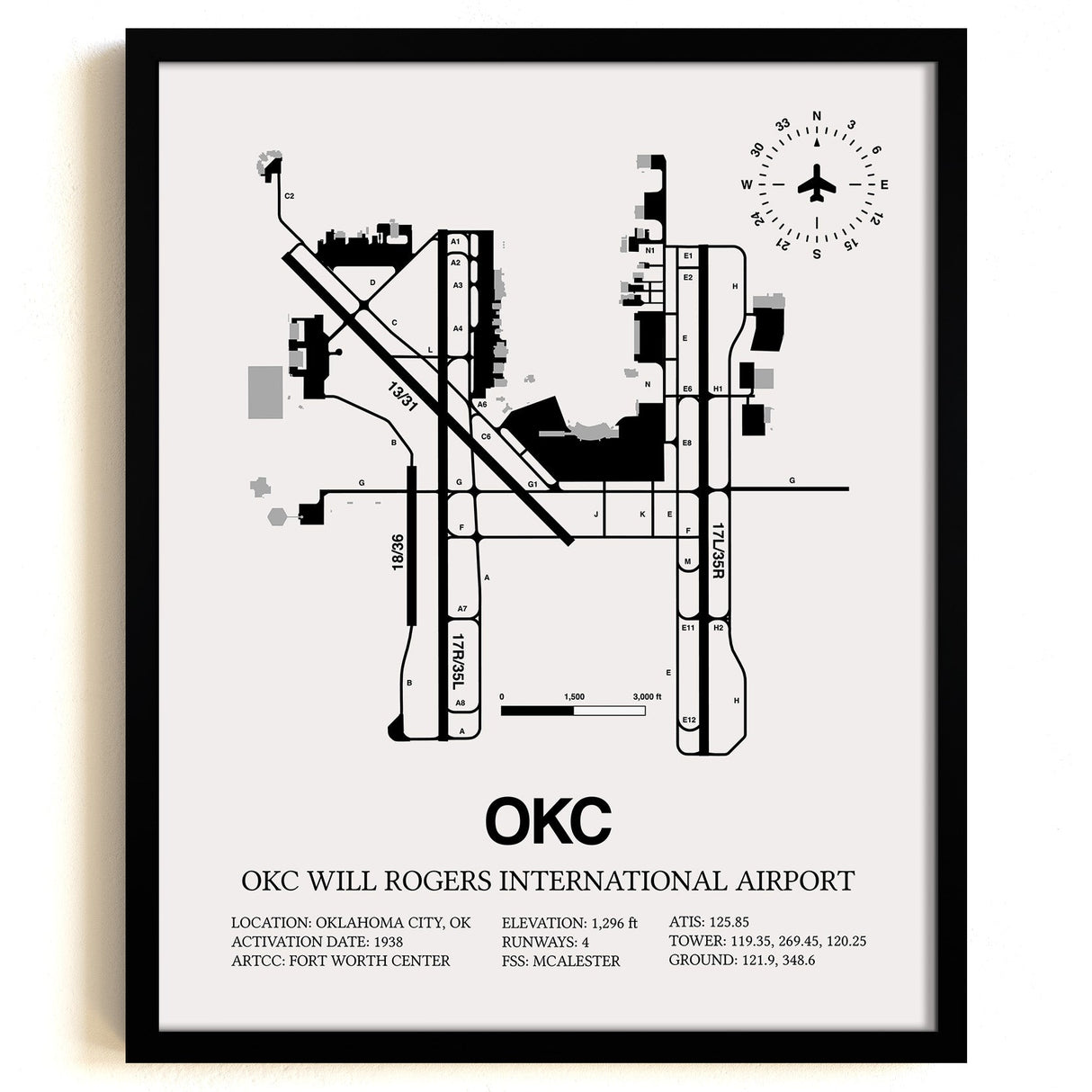 Framed Detailed Airport Map of OKC Will Rogers International Airport (OKC) in White with a Black Frame