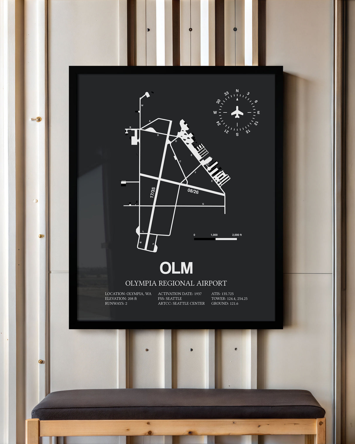 Framed Detailed Airport Map of Olympia Regional Airport (OLM) in Gray with a Black Frame