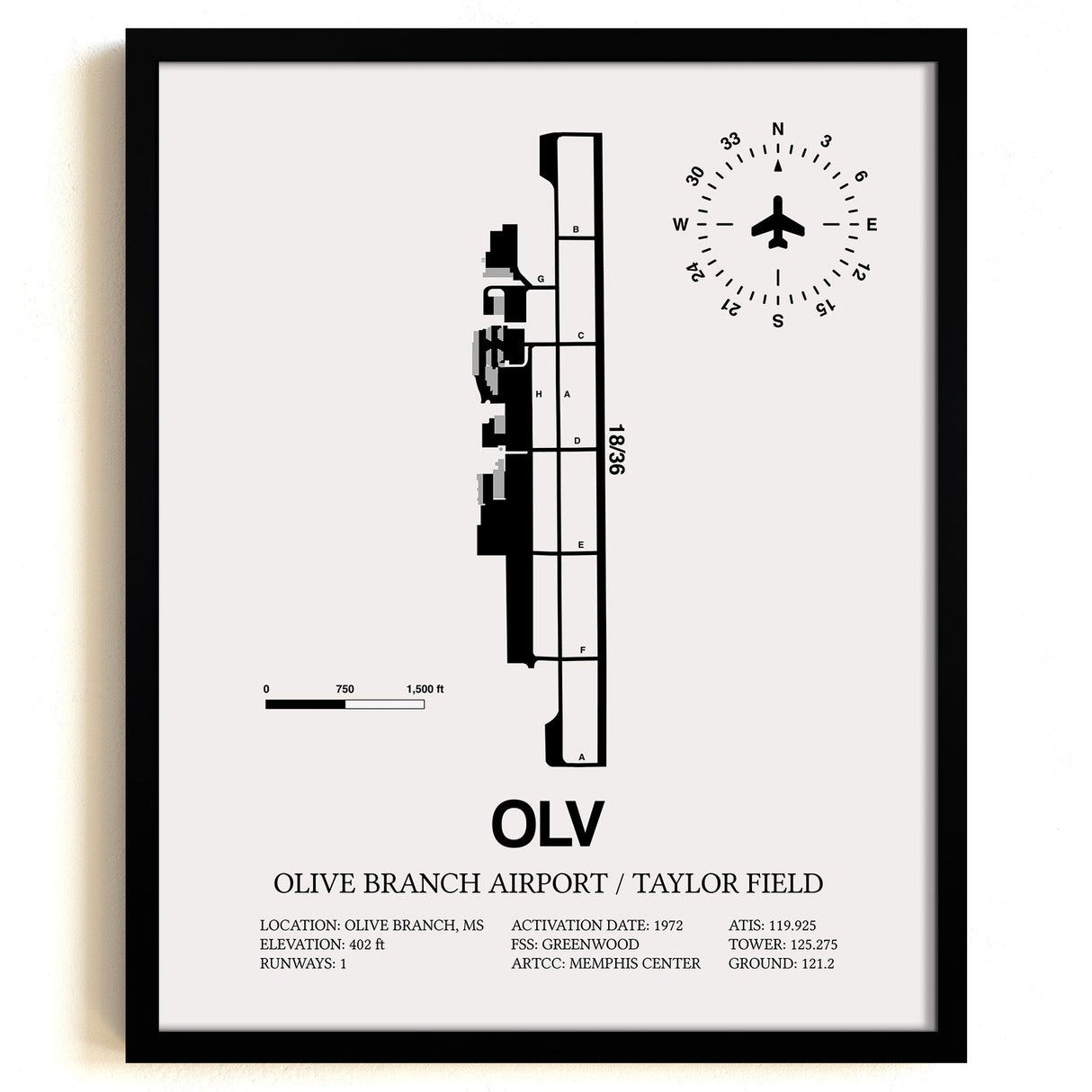 Framed Detailed Airport Map of Olive Branch Airport/Taylor Field (OLV) in White with a Black Frame