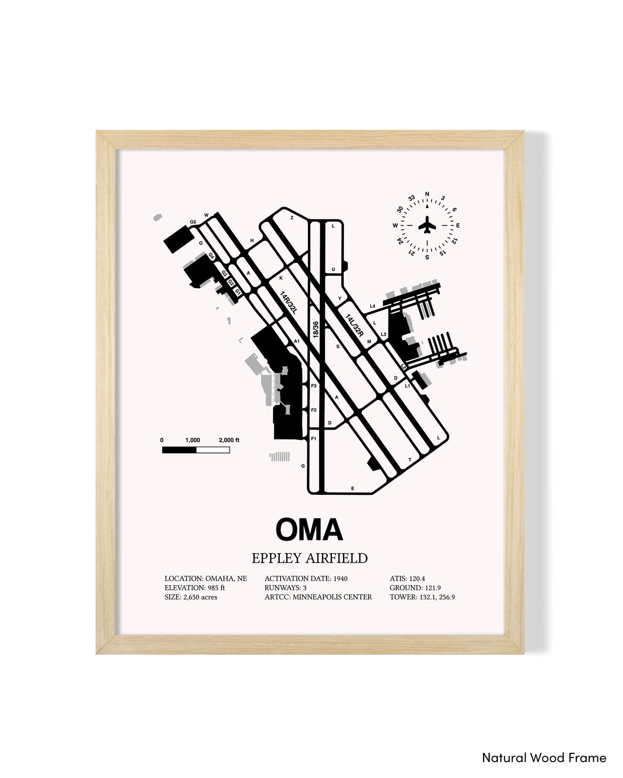 Detailed Airport Map of Eppley Airfield (OMA) in White with a Natural Frame