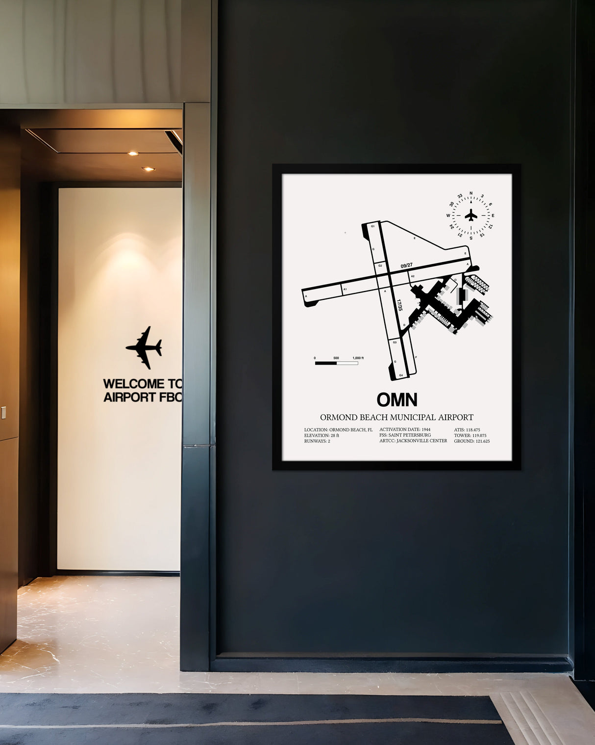 Framed Detailed Airport Map of Ormond Beach Municipal Airport (OMN) in White with a Black Frame