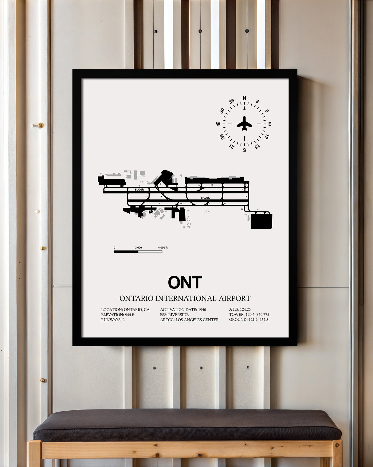Framed Detailed Airport Map of Ontario International Airport (ONT) in White with a Black Frame