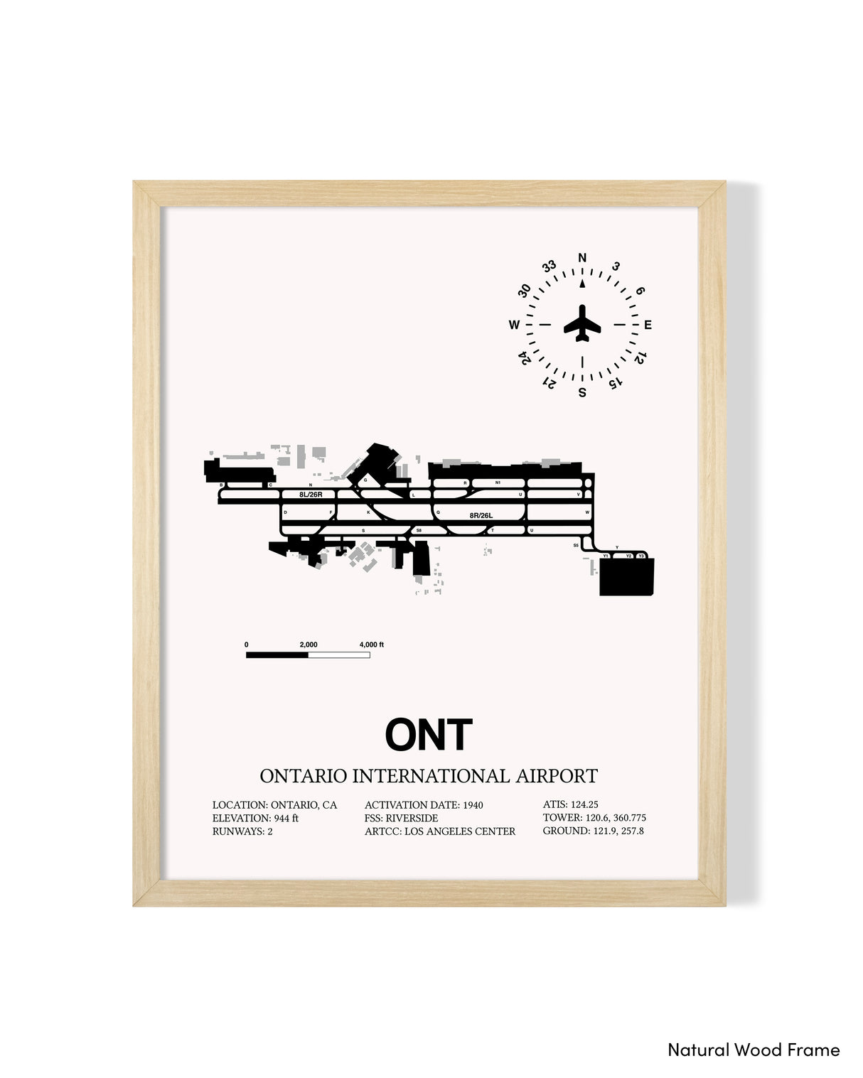 Detailed Airport Map of Ontario International Airport (ONT) in White with a Natural Frame