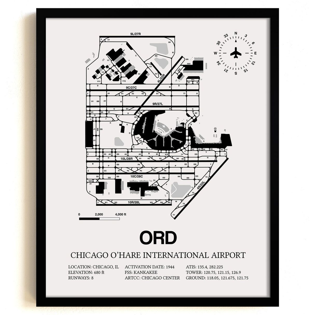 Framed Detailed Airport Map of Chicago O'Hare International Airport (ORD) in White with a Black Frame