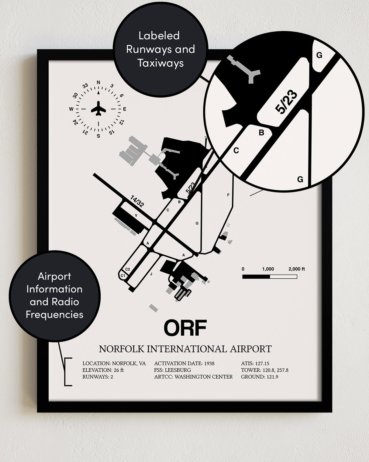 Framed Detailed Airport Map of Norfolk International Airport (ORF) in White with a Black Frame